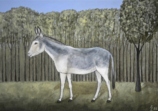 Esel vor Waldrand, 2022, Oel auf Malplatte, 24 x 34 cm
