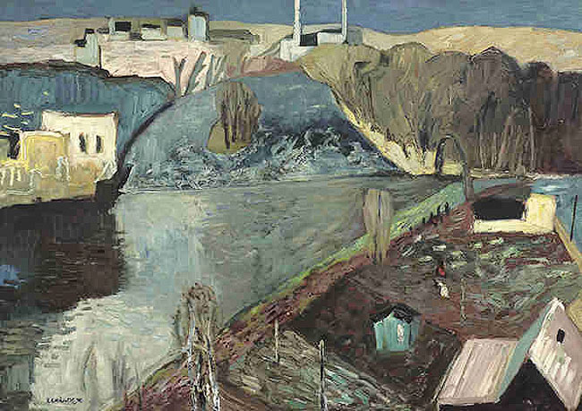 003 Landschaft mit Fabrik, 1950, Öl auf Pappe, 72 x 102 cm