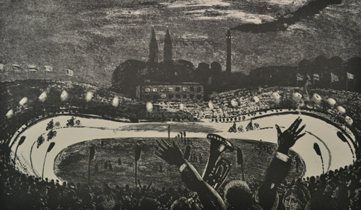 Radrennbahn mit Flutlicht, 1961, Lithographie, 27,5 x 46,7 cm