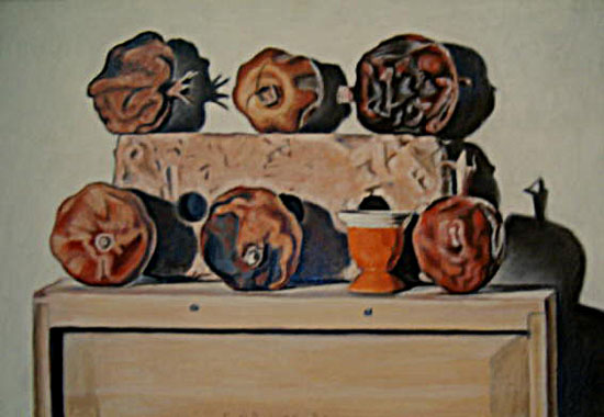 Backstein, Eierbecher, sechs Granatäpfel- Öl auf Hartfaser- 2000- 55,5 x 38 cm
