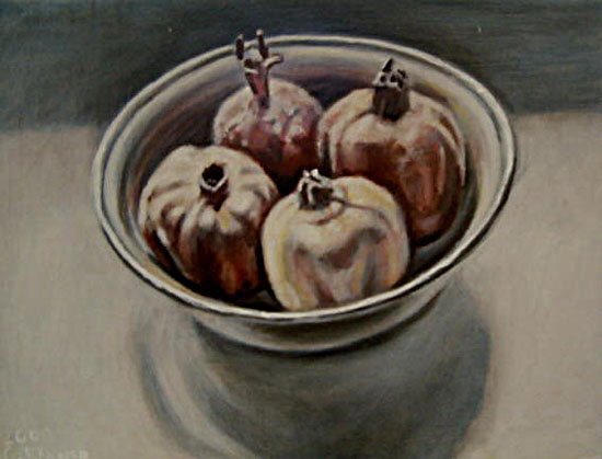 Vier Granatäpfel in Aluschüssel- Öl auf Hartfaser- 2000- 30 x 40 cm