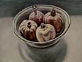 Vier Granatäpfel in Aluschüssel- Öl auf Hartfaser- 2000- 30 x 40 cm