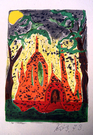 71- Rote Moschee, 1973, Collage, Tusche, Filzstift, 23,0 x 16,5 cm