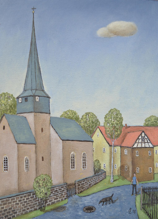 010 Kirche in Gelmeroda, 2018, Oel auf Malplatte, 24,3 x 18 cm