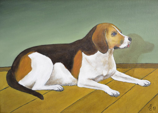 012 Liegender Hund, 2017, Oel auf Malplatte, 24,6 x 34,6 cm