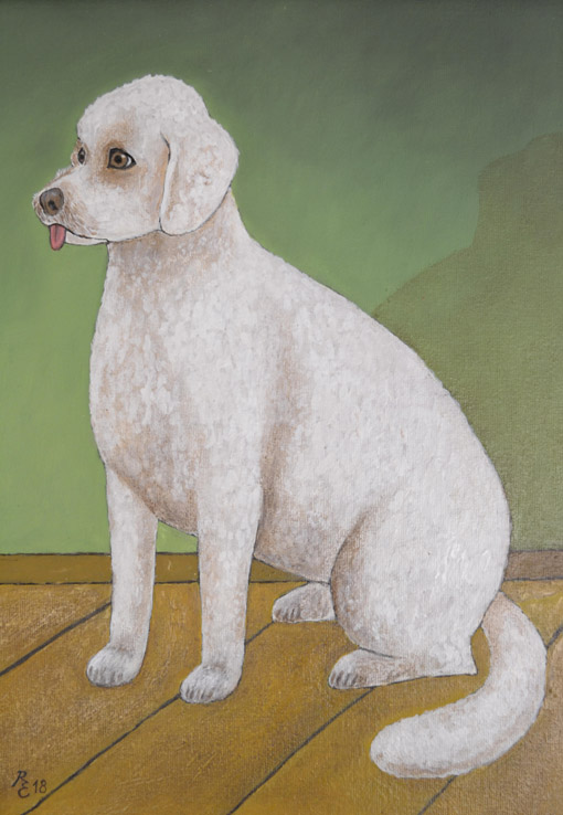 014 weisser Hund, sitzend, 2018, Oel auf Malplatte, 32 x 23 cm