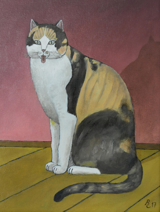 015 Sitzende Katze vor roter Wand, 2017, Oel auf Malplatte, 30,5 x 23,5 cm