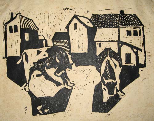 Kühe und Häuser Holzschnitt 1950er Jahre