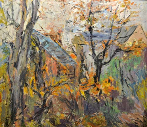 H 009 Karl Holfeld Herbst im Garten ohne Jahr Öl auf Hartfaser 96,5 x 111 cm