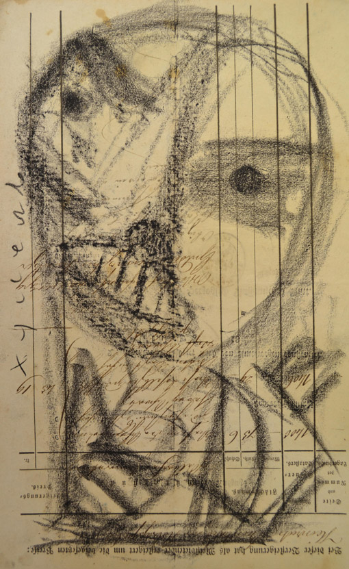 002 o. T. ( Kopf ), Kreide auf altem Dokument, 32,5 x 20,5 cm