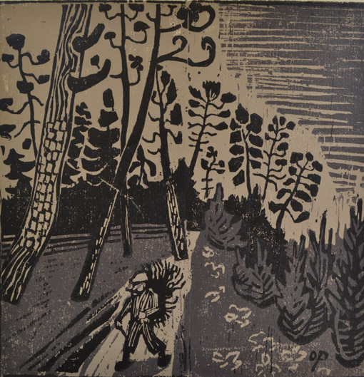 006 Otto Pankok, Holzsammler im Wald, 1947, Farbholzschnitt, violett, 30 x 30 cm