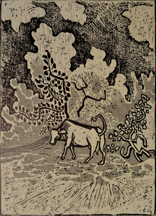 009 Otto Pankok, Kuh vor Büschen, Farbholzschnitt, 1963, 68,5 x 49,4 cm