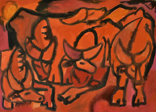 030 Fritz Keller, o. T. ( Bueffelgruppe ), o. J., Aquarell, Gouache, ca. 73 x 101 cm