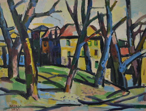 005 Baeume vor gelbem Haus, 1957, Oel auf Karton, 53 x 69 cm