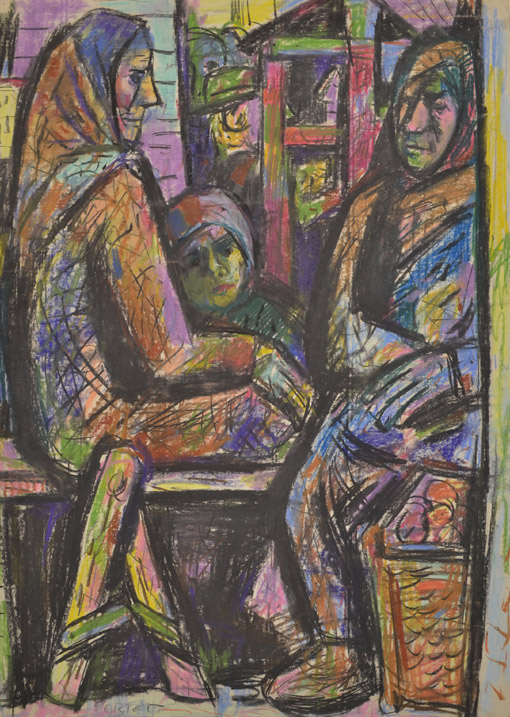 014 Markt, um 1959, Pastell auf Papier, 74 x 53 cm