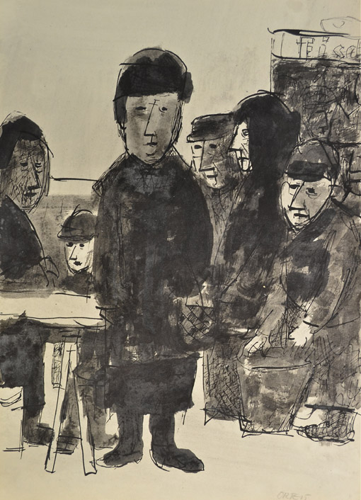 Auf dem Markt, um 1962, Tusche, Feder, Pinsel auf Papier, ca. 42 x 29,5 cm