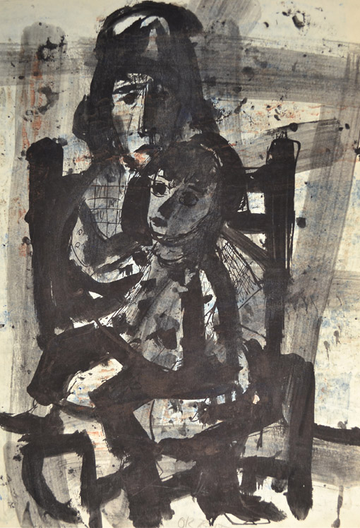 Auf dem Schoss, um 1962, Tusche, Feder, Pinsel auf Papier, ca. 42 x 29,5 cm
