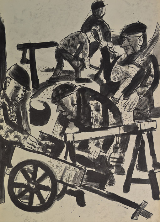 Auf der Baustelle, um 1962, Tusche, Feder, Pinsel auf Papier, ca. 42 x 29,5 cm