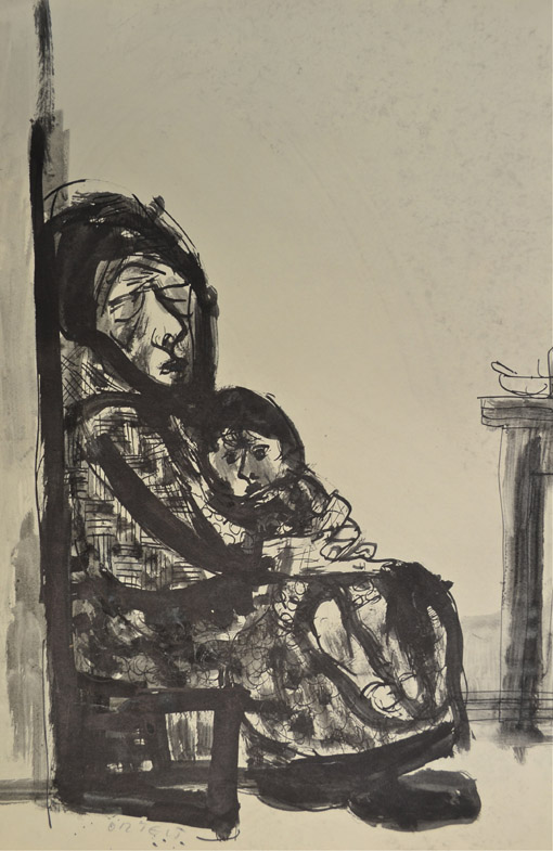 Grossmutter und Kind, um 1962, Tusche, Feder, Pinsel auf Papier, ca. 42 x 29,5 cm