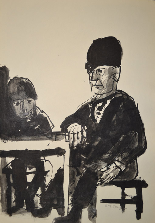 Grossvater und Kind, um 1962, Tusche, Feder, Pinsel auf Papier, ca. 42 x 29,5 cm