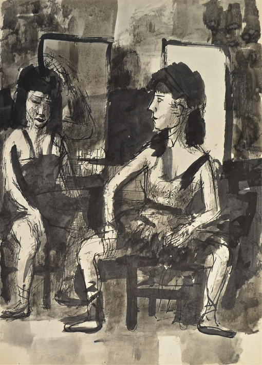 In der Garderobe, um 1962, Tusche, Feder, Pinsel auf Papier, 42 x 29,5 cm