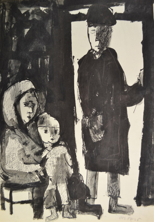 In der Tuer, um 1962, Tusche, Feder, Pinsel auf Papier, 42 x 29,5 cm