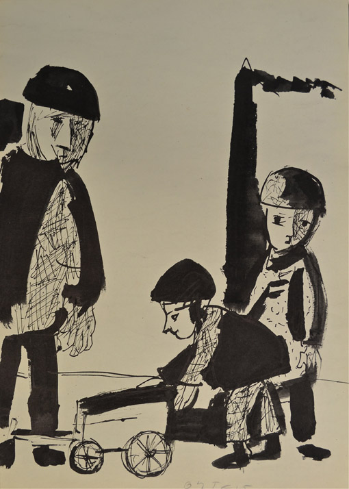 Kinder mit kleinem Wagen, um 1962, Tusche, Feder, Pinsel auf Papier, ca. 42 x 29,5 cm