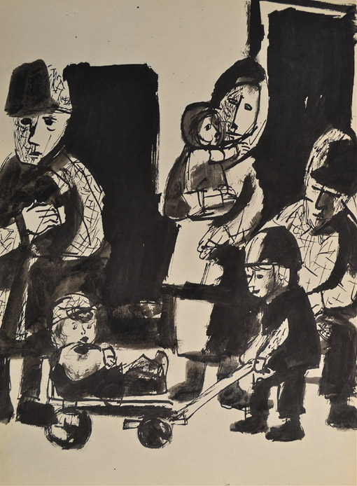 Unterwegs, um 1962, Tusche, Feder, Pinsel auf Papier, 42 x 29,5 cm