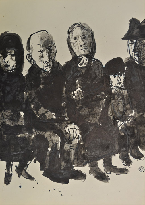 Wartend, um 1962, Tusche, Feder, Pinsel auf Papier, ca. 42 x 29,5 cm