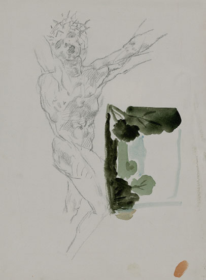 Studie zu Kleine Kreuzabnahme- 1987- Bleistift, Tusche (kleine Landschaftsskizze, Aquarell)- 48 x 36 cm