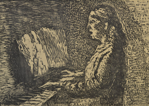 Wilhelm Rudolph, Klavierspielende, nach 1945, Holzschnitt, 28 x 43,5 cm