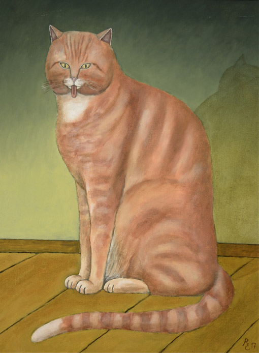 Rote Katze vor gruener Wand, 2017, Oel auf Malplatte, 50 x 37 cm (2)
