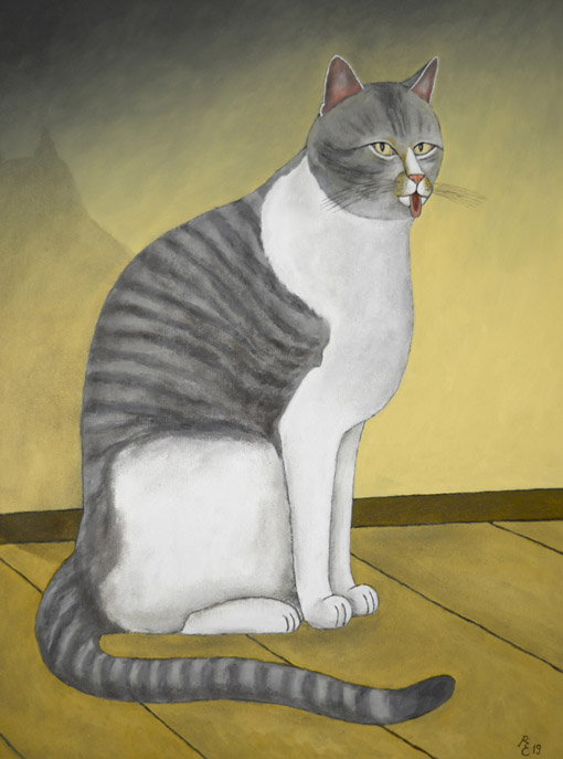 Sitzende Katze vor gelber Wand, 2019, Oel auf Malplatte, 59,5 x 42 cm