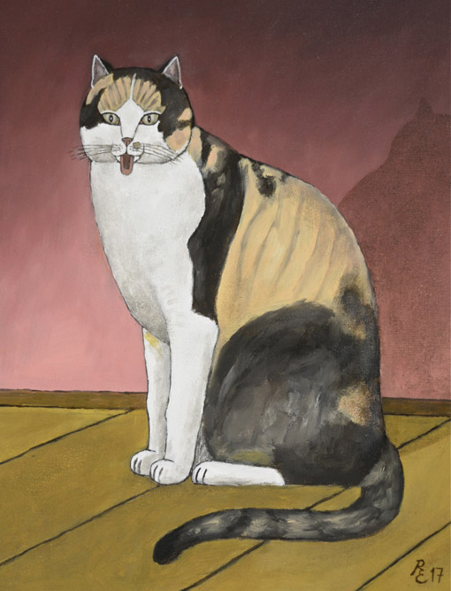 Sitzende Katze vor roter Wand, 2017, Oel auf Malplatte, 30,5 x 23,5 cm