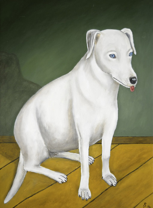 Sitzender Hund vor gruener Wand, 2014, Oel auf Malplatte, 60 x 50 cm