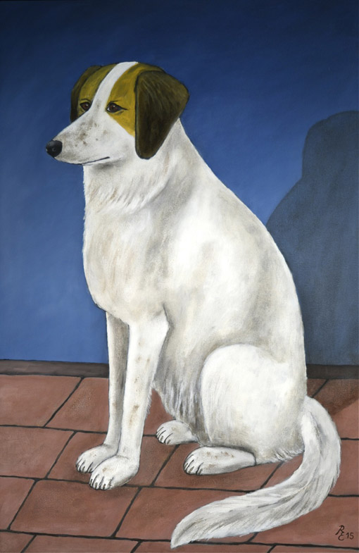 Sitzender Hund, 2015, Oel auf Malplatte, 60 x 40 cm
