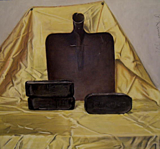 Drei Briketts, Schaufel, Goldenes Tuch- Öl auf Hartfaser- 1991- 69 x 75,5 cm