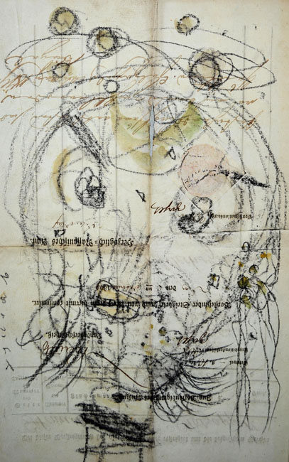 012 o. T. ( Kopf ), um 2007, Kreide, Aquarell auf altem Papier, 31,2 x 20,6 cm