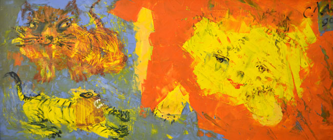 013 Mucke, und Ihre Verehrer, 1990, Öl auf Hartfaser, 24,8 x 55,7 cm