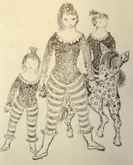 044 Artistinnen mit Apfelschimmelpony, 1952, Bleistift, 25 x 20 cm